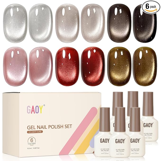GAOY Glitter Cat Eye Polish Set with Magnet, 6 Retro Maillard Sparkling Shades, Crystal Holographic Nail Art, Long Lasting Gel for Home & Salon Manicure