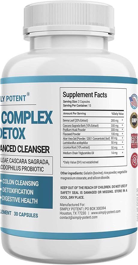 Simply Potent Natural Colon Cleanse - Gentle Colon Cleanser Supplement for Digestive Health - Supports Detoxification and Regularity - 60 Capsules