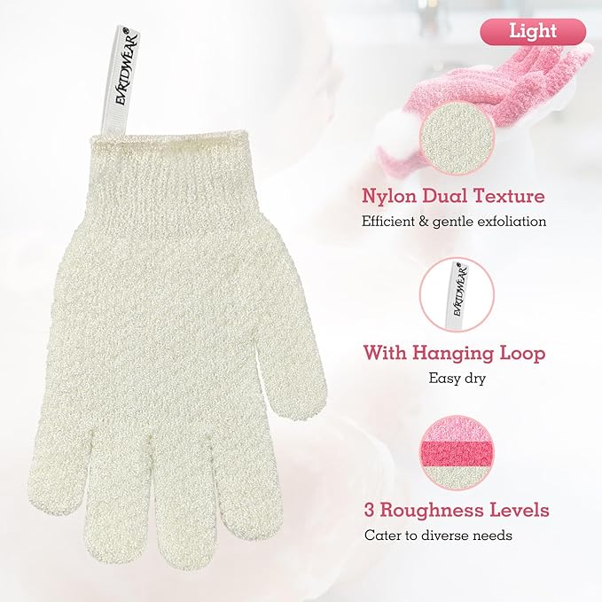 Evridwear Exfoliating Gloves for Shower, 100% Nylon Thick Soft Medium Heavy Bathing Gloves Dead Skin Remover Body Scrubber Smooth Skin with Hang Loop (White Gentle Exfoliation- 3 Pairs)