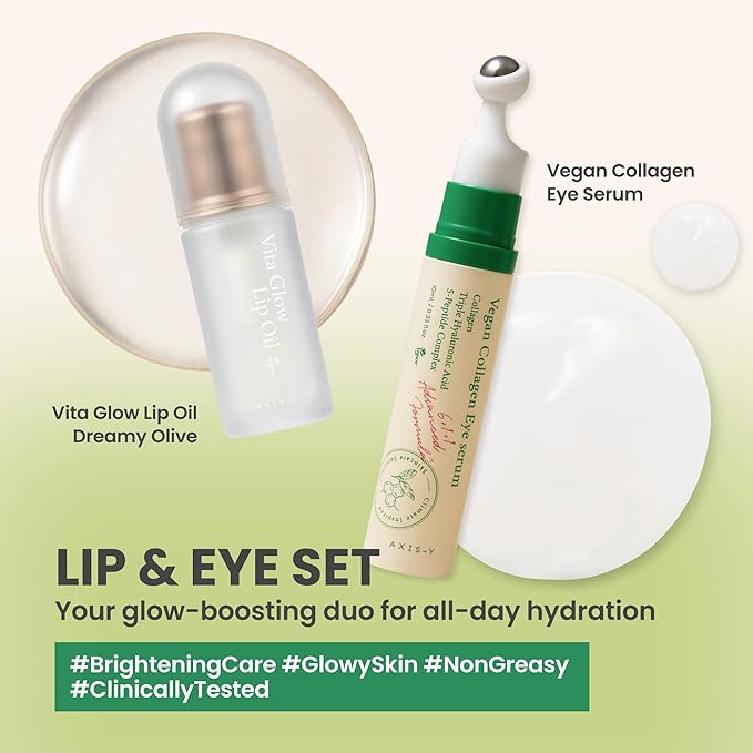 AXIS-Y Lip & Eye Set - Vita Glow Lip Oil Dreamy Olive & Vegan Collagen Eye Serum - Amazon Exclusive Korean Skin Care Kit - Limited Edition Hydra Barrier Duo for Lips & Eyes