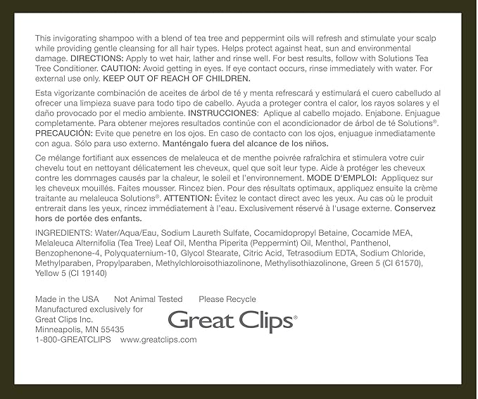 GREAT CLIPS Solutions Tea Tree Shampoo 32 fl oz | Natural Dry Scalp & Dandruff Treatment with Invigorating Essential Oils | Nourish and Stimulate Scalp | For All Hair Types