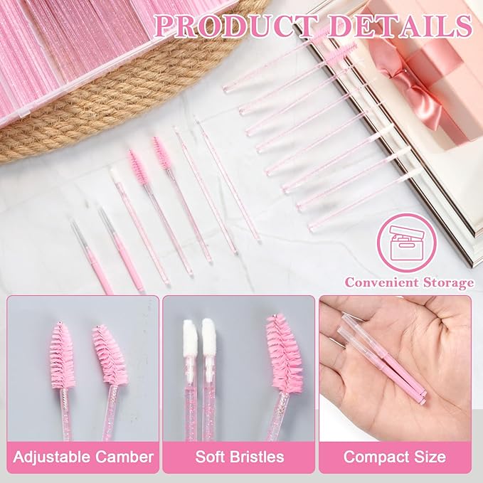 230 Pcs Brow Lamination Supplies with Plastic Box Crystal Pink Micro Eyebrow Brush Spoolies Disposable Lip Applicators Eyelash Brush Mascara Wands Micro Swabs Brow Lamination Kit for DIY Eyelash Lift