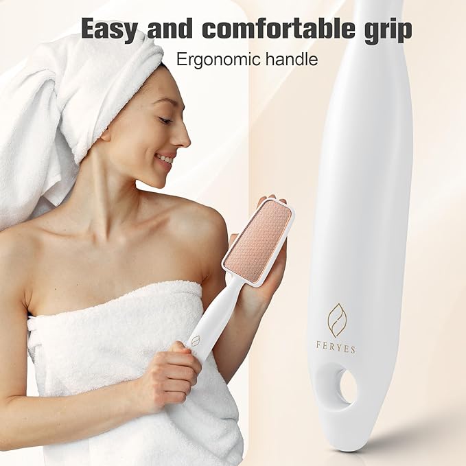 FERYES Glass Foot File Callus Remover - Long Handle Glass Foot Scrubber for Dead Skin, Cracked Heel Scraper Buffer - Professional Pedicure Tool for Smooth, Beautiful Feet - White