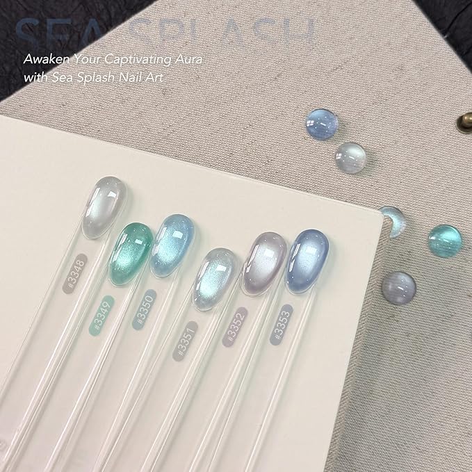 GAOY Cat Eye Gel Nail Polish Set with Magnet, 6Pcs Silver Blue Green Icy Summer Holographic Cat Eye, Reflective Translucent UV Gel, Sea Splash