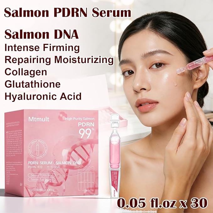 Mtmult Salmon DNA PDRN Serum - PDRN Salmon DNA Anti-Aging Ampoule with 99% Salmon DNA PDRN, Collagen & Hyaluronic Acid, 0.05 fl.oz x 30e, Firming & Moisturizing - Fuses Salmon DNA Power