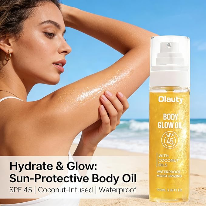 Sunscreen Body Glow Oil,Broad Spectrum SPF 45,Glitter Shimmer Body Oil with Gold Mica,Moisturizing Coconut Oils,Waterproof Non Sticky Sun-kissed Skin Moisturizer Beach Travel Essentials (#01 Gold)