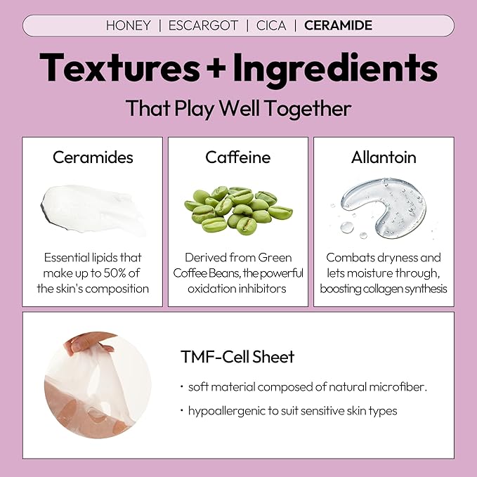 LAPCOS Skin Barrier Repair Sheet Mask Variety Pack - Escargot, Cica, Ceramide, Honey - 4 Types of K Beauty Face Mask Set to Hydrate & Soothe - Highly Breathable Sheet - Korean Skin Care (Pack of 12)