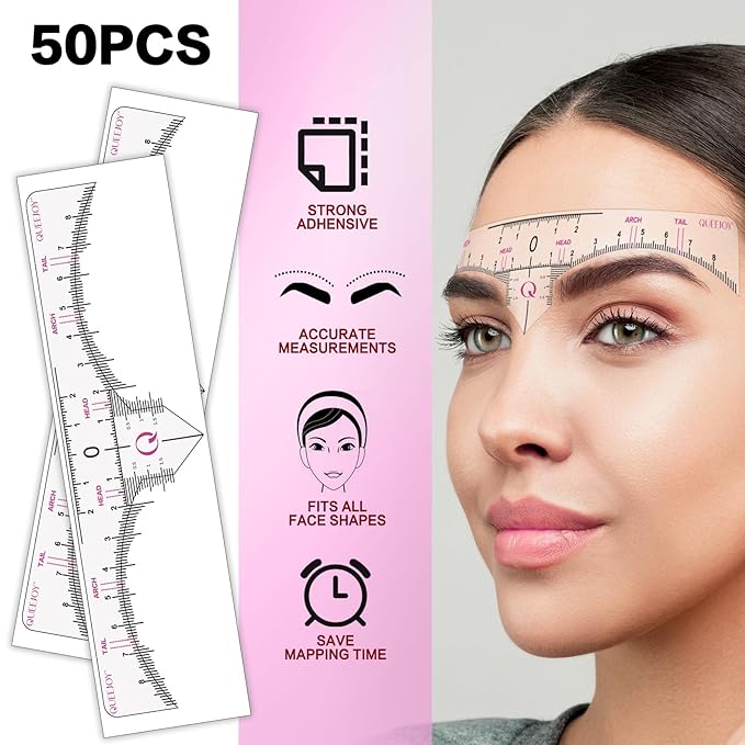 Brow Mapping Kit includes 10m X Black&White Mapping String, 50pcs Eyebrow Ruler Stickers,White and Light Beige Brow Concealer & 2 Brow Brushes, Eyebrow Pencil Razor Sharpener and Instruction
