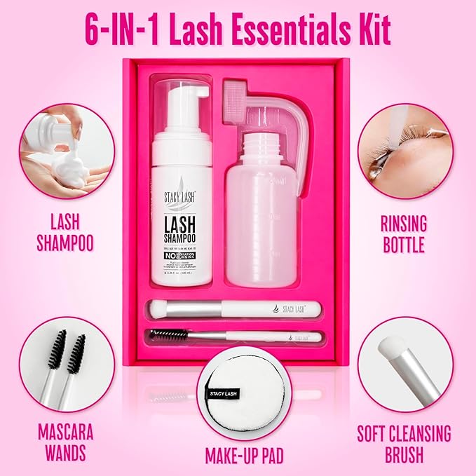 STACY LASH Lash Shampoo 100ml Kit Foaming Cleanser with Eye Lash Spoolies & Rinse Bottle & Cleansing Pad & Brush for Eyelash Extensions & Clusters & Natural Eyelashes