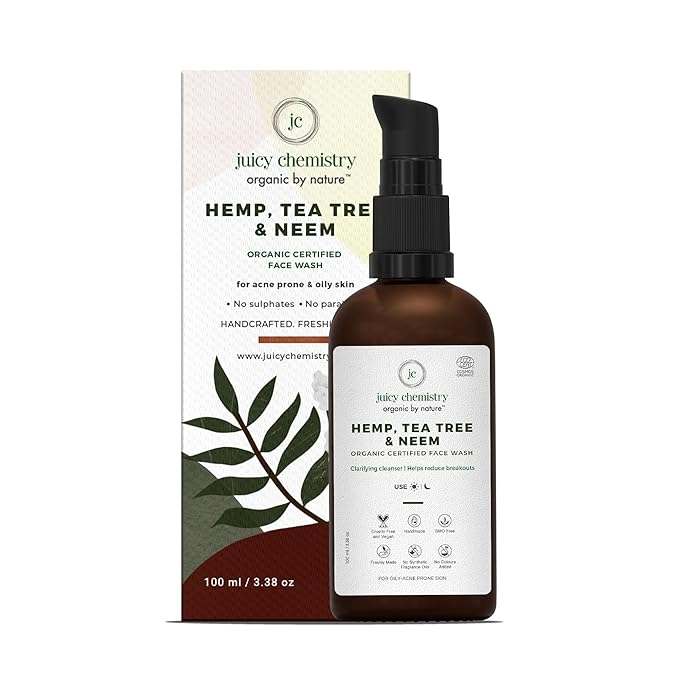Juicy Chemistry Hemp, Tea Tree & Neem Face Cleanser, Face Wash For Acne & Blackheads, Certified Organic, Vegan, Cruelty Free, Face Wash For Women & Men (100 Milliliters Clear)