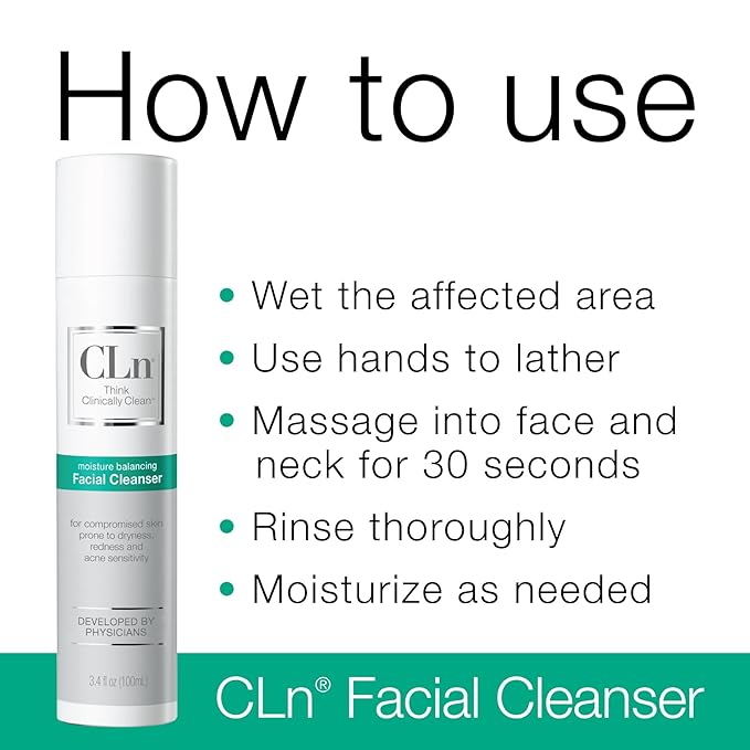 CLn® Facial Cleanser - Hydrating Facial Cleanser with Glycerin, For Skin Prone to Dryness, Eczema, Redness, Irritation & Acne Sensitivity, Fragrance-Free & Paraben-Free, 3.4 fl. oz. (Pack of 2)