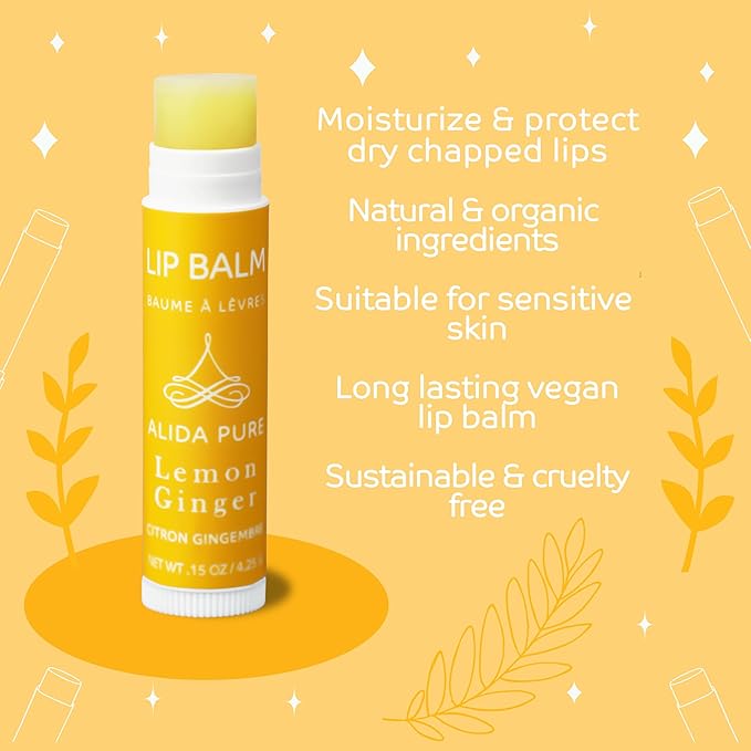 Lemon Ginger Lip Balm Collection, Vegan Set, Beeswax Free, with Organic Jojoba and Avocado Oil, Vitamin E, Natural Moisturizer for Dry, Cracked, or Chapped Lips, 3 Tube Set
