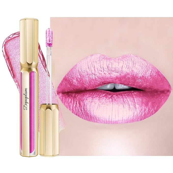 Depuplum Pink Lipsticks for Women Metallic Lipstick Long Lasting Shimmer Lip Gloss Metal Shine Glitter Waterproof Lipsticks Full Coverage Lip Color for Mother's Day,DP119 Princess