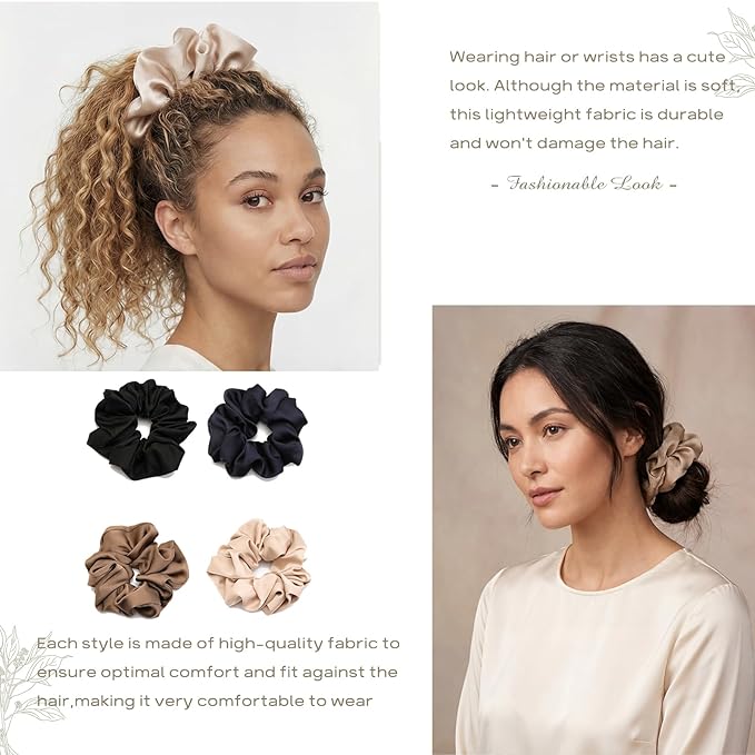 4PCS Large Satin Silk Scrunchies for Women - Big Glossy Scrunchie for Thick Hair Girl Hair Ties Ponytail Holders Jumbo Scrunchies (Black Navy-Blue Brown Champagne)
