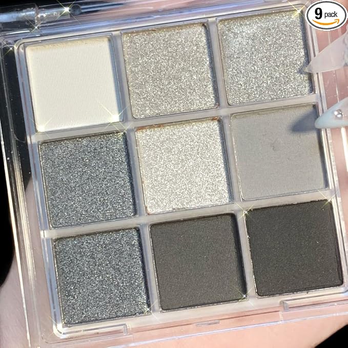 URQT Smoky Silver Eclipse Eyeshadow Palette – 9 Silver, Gray & Black Shades with Matte & Metallic Finishes, High Pigment Blendable Formula for Smoky Eye Looks