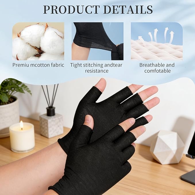 3 Pairs of Fingerless Cotton Gloves 100% Black Cotton Moisturizing Gloves for Dry Hands Cut 5 Fingertips Overnight Hydration Touchscreen-Friendly Gloves for Women & Men