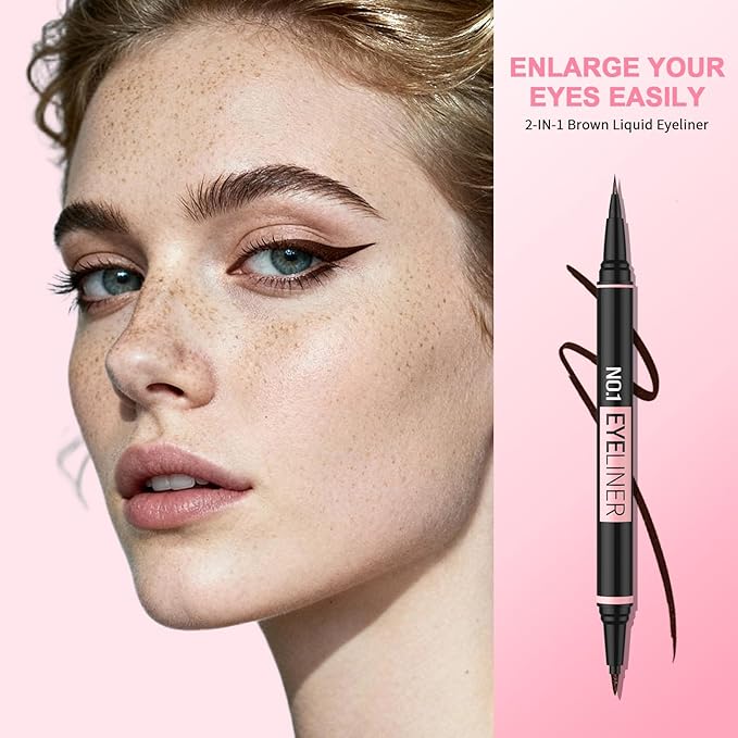 iMethod Liquid Eyeliner - Waterproof Eyeliner 2-in-1 Dual-Ended Eye Liner with Precise Brush-Tip and Thick Tip, Black Liquid Liner Pen, Matte Finish, Long Lasting, Smudge-proof, Brown, 2 Pack