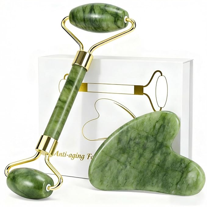 Jade Roller & Gua Sha Set - Natural Jade Face Roller Facial Massage Skincare Tools for Women,Reduce Puffiness and Fine Lines (Forest Green)