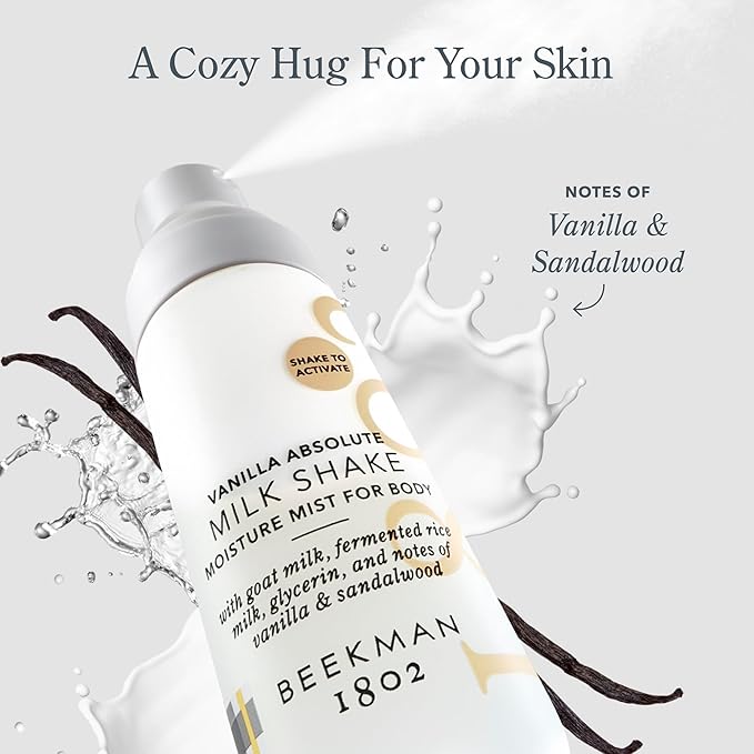Beekman 1802 Milk Shake Hydrating Body Mist – Alcohol-Free Moisture with Goat Milk, Hyaluronic Acid & Squalane, Lightweight Skin Softening Spray for Sensitive Skin – Vanilla Absolute, 4.7 Fl Oz