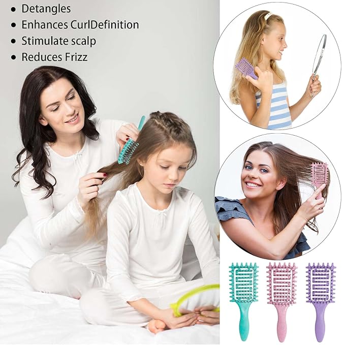 Curl Defining Brush for Curly Hair, Vented Detangling Hair Brush for Wet and Dry Styling, Curved Brush for Shaping and Smoothing Curl Clumps, Lightweight Hair Brush (2Pcs Green)