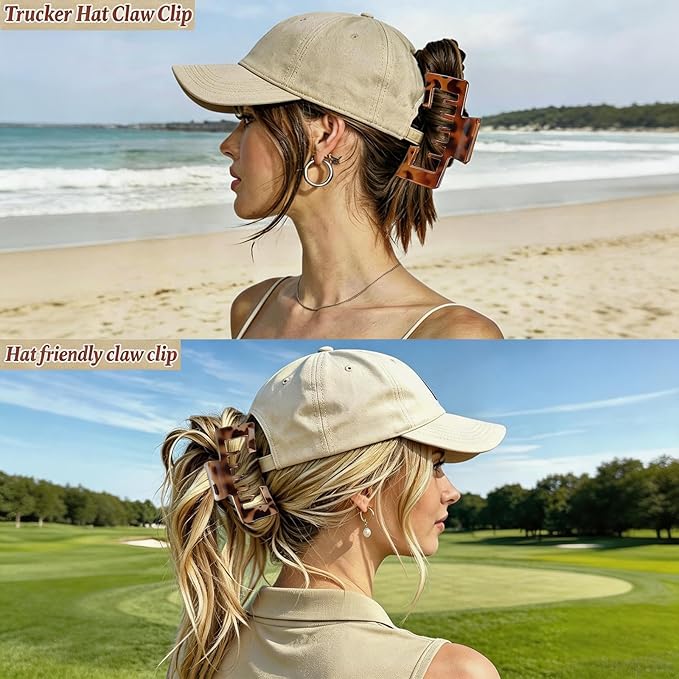 4 Pcs Large Hats Claw Clips for Women, Hat-Friendly Hair Clips for Trucker Hats and Baseball Caps, Tortoise Shell Non-Slip Strong Hold Hair Claw Clips for Thick Thin Hair