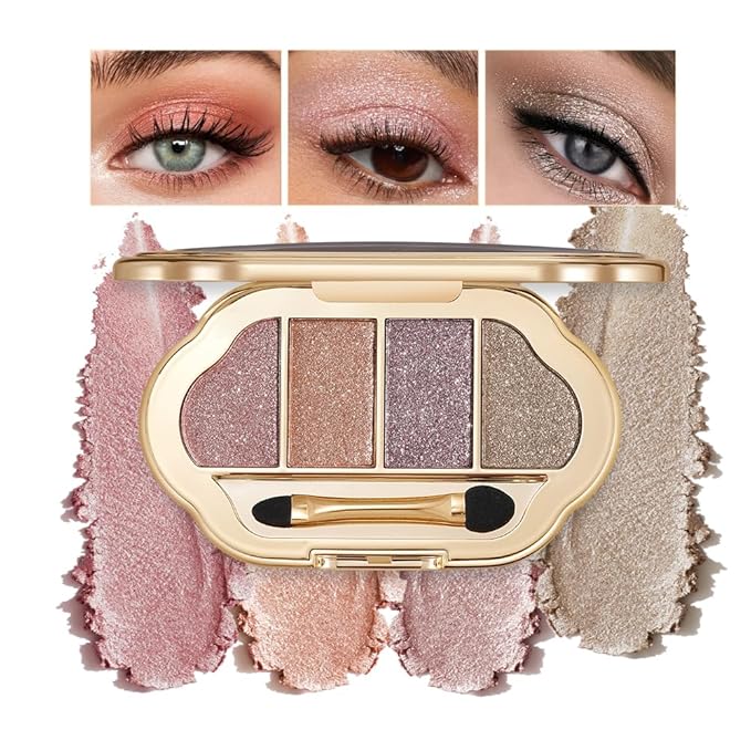 Neutral Shimmer Glitter Eyeshadow Makeup Palette – Rose Mauve, Copper Bronze, Lavender Silver & Champagne Taupe Metallic, High Pigment Blendable Cool-Toned Mini Eye Shadow Palette for Blue Green Eyes