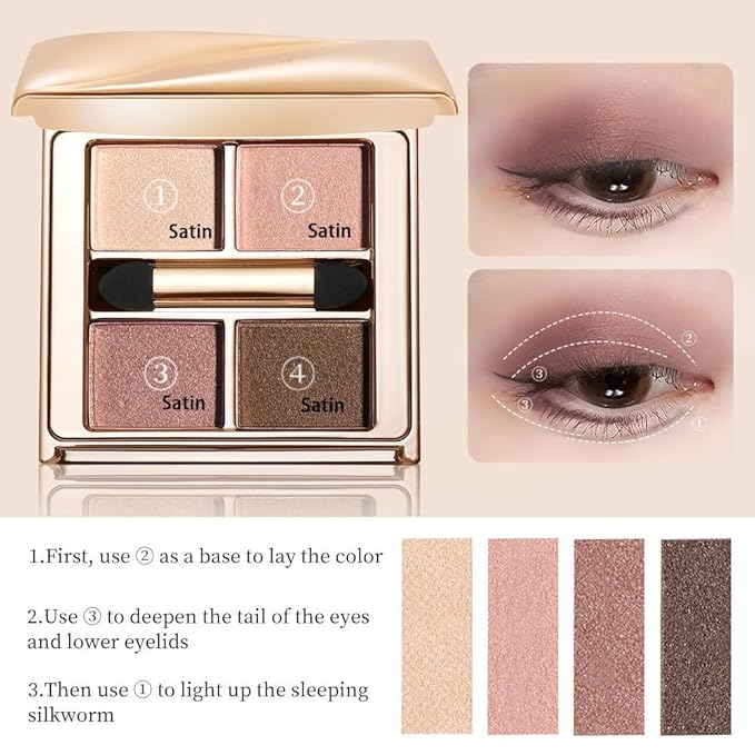 Nude Rose Shimmer Eyeshadow Palette–4 Soft Pearl Shades in Champagne, Nude Rose, Rosy Taupe&Mocha Brown, High Pigment Long Lasting Satin Eye Shadow for Natural Everyday Guve, Paleta de Sombras de Ojos