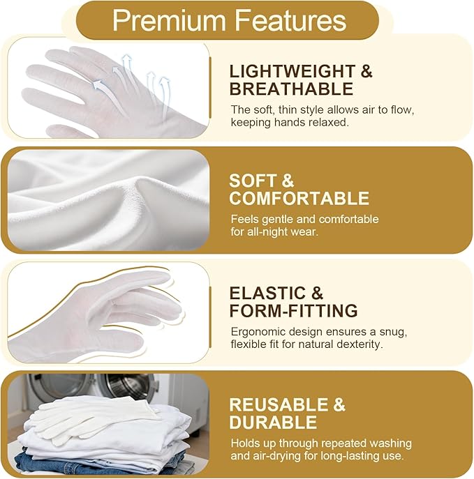 32PCS (16 Pairs) Thin White Gloves for Dry Hands Sleeping, Breathable White Glove with Elastic Cuff for Overnight Treatment, Eczema, Spa, Work, Inspection (One Size Fits Most)