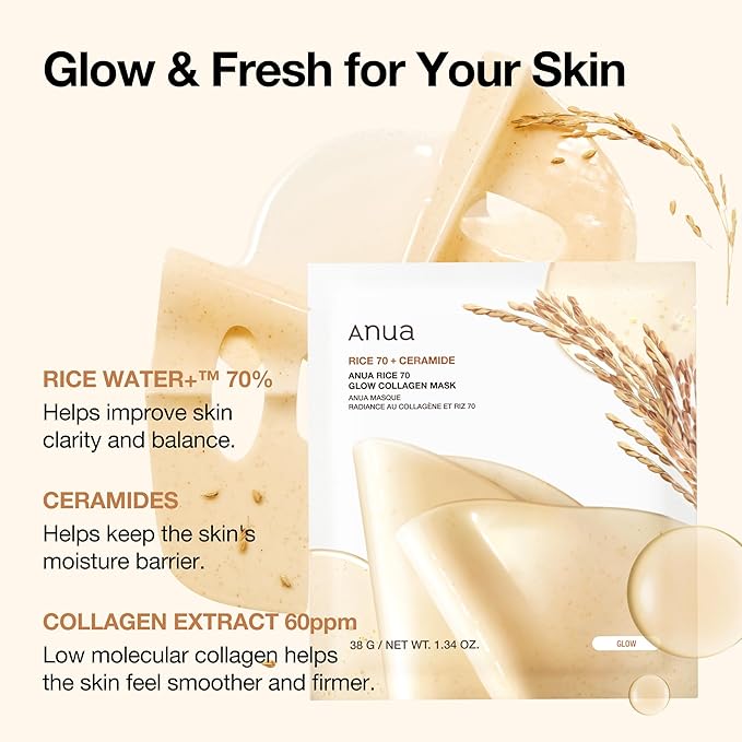 ANUA Rice 70 Glow Collagen Mask, Overnight Face Mask for Glass Skin, Ceramide, Collagen Facial Mask, Skin Moisture Barrier, Tightening Care, Natural Color, Korean Skincare, 1.34 oz/4ea