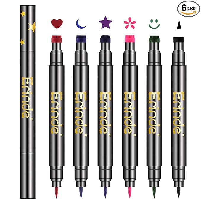 Erinde 6 Colors Liquid Winged Eyeliner Stamp Pen Set, Double-Ended Black Red Green Purple Blue Eye Liner Pencil, Long-lasting Waterproof Stamp Eyeliner Set for Eye Face Makeup