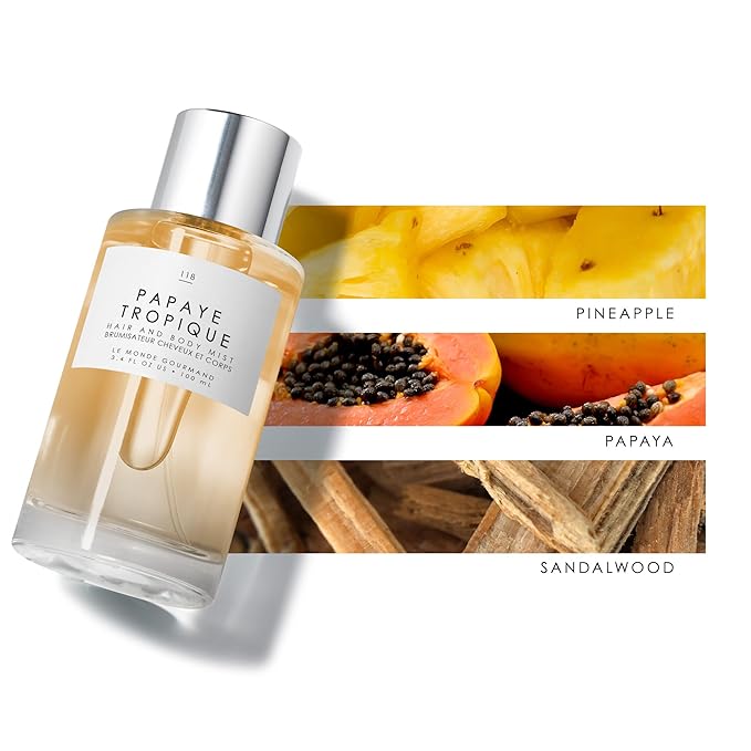 Le Monde Gourmand Papaye Tropique Hair & Body Mist for Women, Hair Perfume & Body Spray, Papaya Jasmine Sandalwood Scent, Vegan & Cruelty Free, 3.4 fl oz (100 ml)