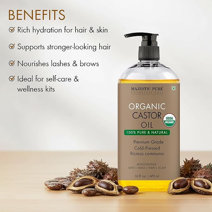 Majestic Pure Oil - 100% Pure and Natural- Cold Pressed & Hexane Free Natural Hair Growth Oil for Eyelashes, Eyebrows, Skin, Body, Face, Nails & Scalp - Organic Castor Oil 16 Fl Oz