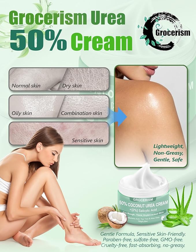 Urea Cream 50 Percent for Feet with Coconut 5.29 oz || Foot & Hand Cream Maximum Strength with 2% Salicylic Acid, Tea Tree and Aloe Vera for Deep Moisturizing and Callus Removing (Upgraded Formula)