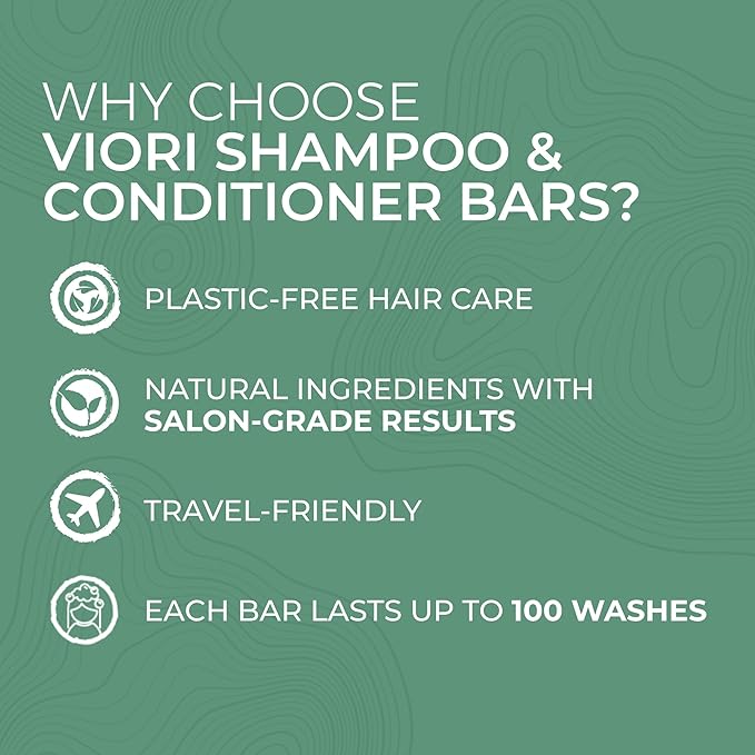 Viori Rosemary Shampoo Bar and Conditioner Set with Biotin - Rice Water Solid Hair Bars for Thinning Hair - Strengthening, Shine, Scalp Care - Plastic Free - Travel Friendly