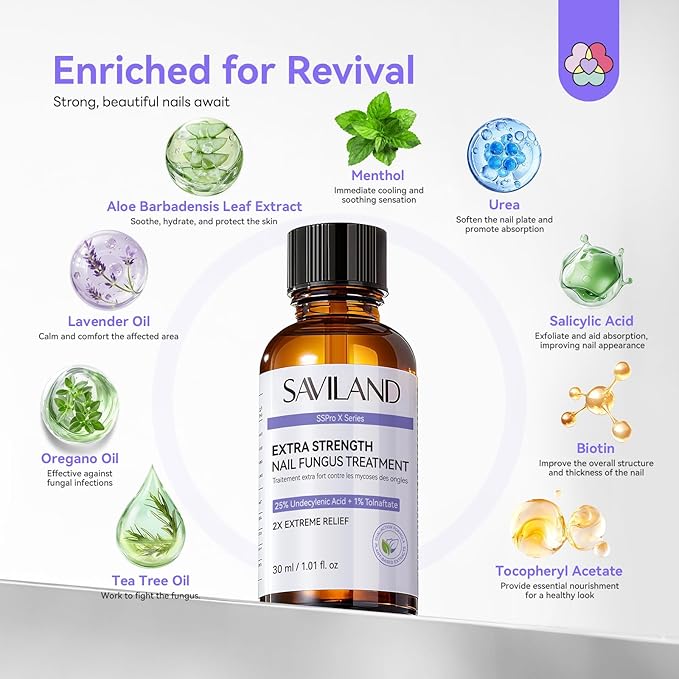 SAVILAND Toenail Fungus Treatment Extra Strength FSA-HSA: 2X Extreme Nail Repair for Discolored and Damaged Nails Toenail Softener Yellow Toenail Foot Toe Thick Nail Fungus Treatments Solution 2 fl oz