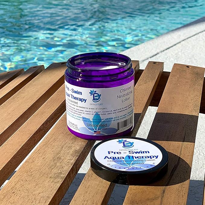 Diva Stuff Pre-Swim Aqua Therapy Chlorine Neutralizing Body Moisturizing Lotion for Swimmers, Protects Skin from Chlorine & Salt Water, 8 oz - Made in the USA, Unscented
