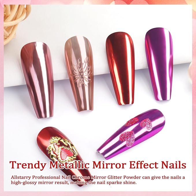 Allstarry Pink Chrome Nail Powder, Metallic 4 Colors Valentines Nails Powder Mirror Effect Manicure Pigment Pink Red Chrome Powder Glitter Dust Women Gifts Valentines Nail Art