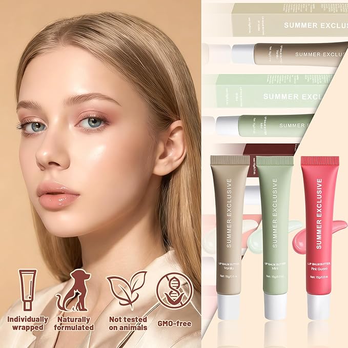 Summer Butter Lip Balm, Hydrating Plumping Clear Serum, Natural Glow Non-Sticky Transfer-Proof, Nourishing for Dry Lips, Women-Focused Lip Care with Shea Butter (3Pcs)