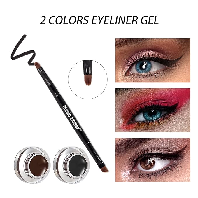 Music Flower Gel Eyeliner Eyebrow Powder, Black and Brown Waterproof Smudgeproof Long Lasting Makeup Eyeliner Gel with Brush Mirror, 0.49 Ounce, Pack of 2