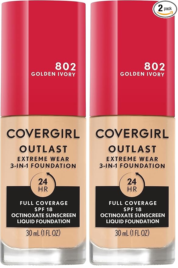 Covergirl Outlast Extreme Wear 3-in-1 Full Coverage Liquid Foundation, SPF 18 Sunscreen, Golden Ivory, 1 Fl. Oz. (Pack of 2)