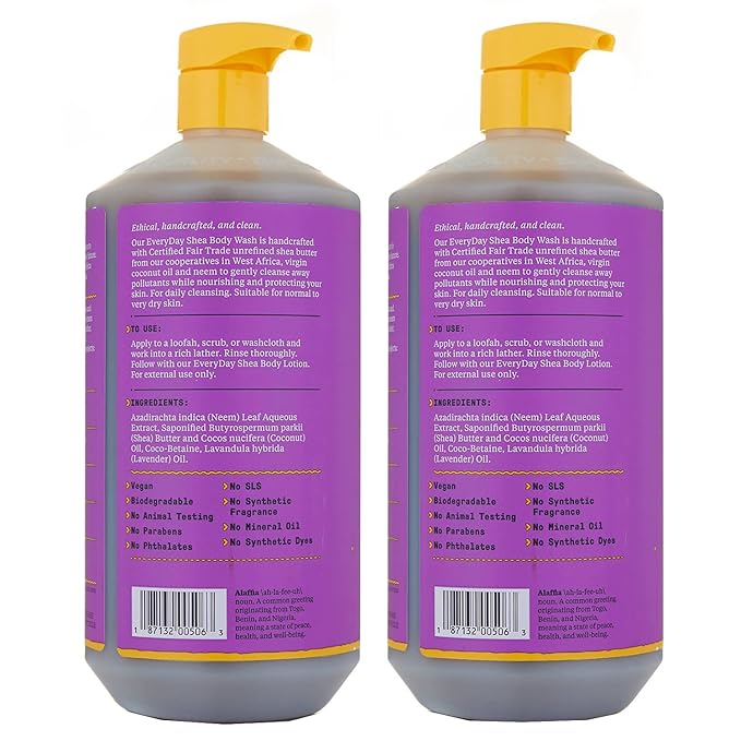 Alaffia Body Wash, EveryDay Shea, Lavender 2-Pack – Gentle Skin Cleanser, Shower Gel for Normal to Very Dry Skin, 32 Oz Ea