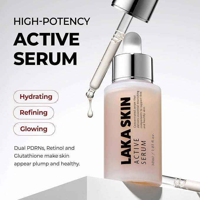 Laka Skin Active Serum, 30ml/1.01 fl.oz, Glutathione for Boosting Radiance, Dual PDRN, Pore Care, Hyaluronic Acid, Korean Skin Care