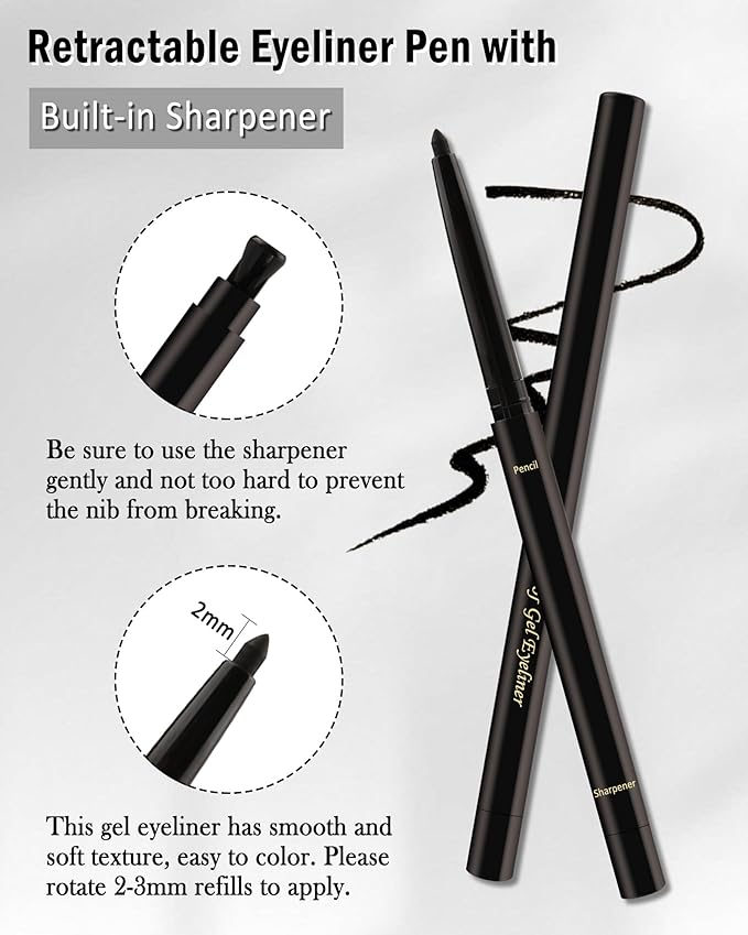 White Glitter Eyeliner Pencil, Waterproof Smudge-Proof Long-Stay Retractable Eyeliner Pen, Cream Gel Eye Liner Waterline with Sharpener, Shimmer Highlighter Brightener Eye Liner Makeup Stick for Women
