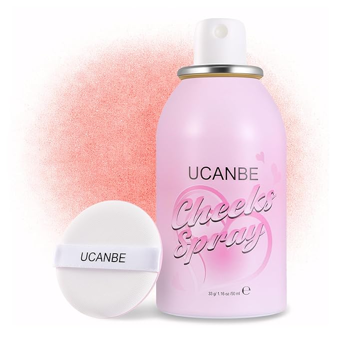 UCANBE Blush Spray with Puff, Hydrating Liquid Blush Mist for Cheeks - Soft Pigmented Buildable Blendable Breathable Blush, Healthy Dewy Glow Finish, Talc-Free, 02 Strawberry (1.16 oz)