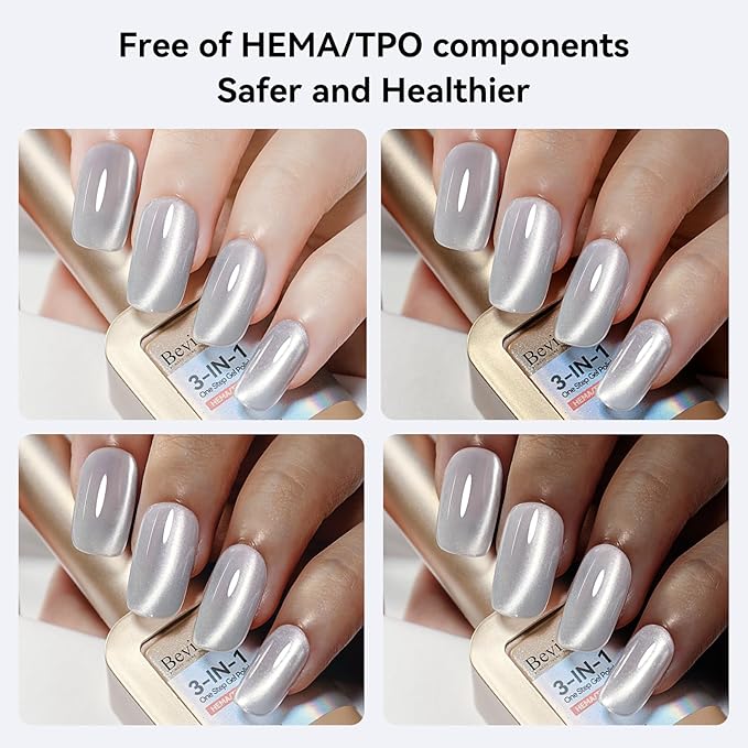 HEMA Free TPO Free Cat Eye Gel Nail Polish, 3-In-1 One Step Silver Cateye Gel Polish with Magnet, 12ml Glossy Glitter Magnetic Soak Off UV/LED Nail Art Gift