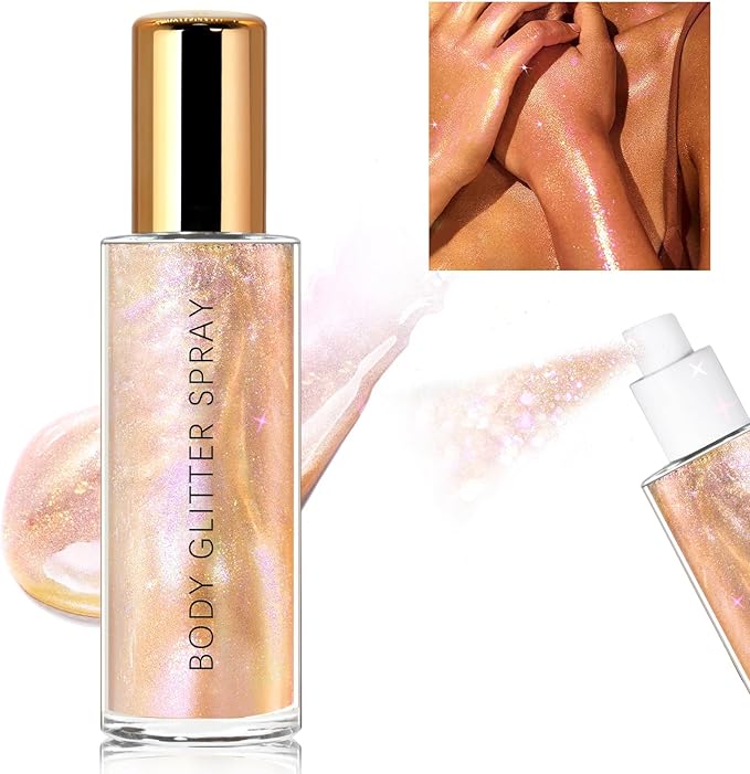 HOSAILY Body Glitter Spray, Holographic Body Shimmer Quick-Drying and Non-Sticky Duochrome Glitter Hairspray for Face Clothes, Sparkle Highlighter Makeup Festival Rave Accessories, Rose Gold
