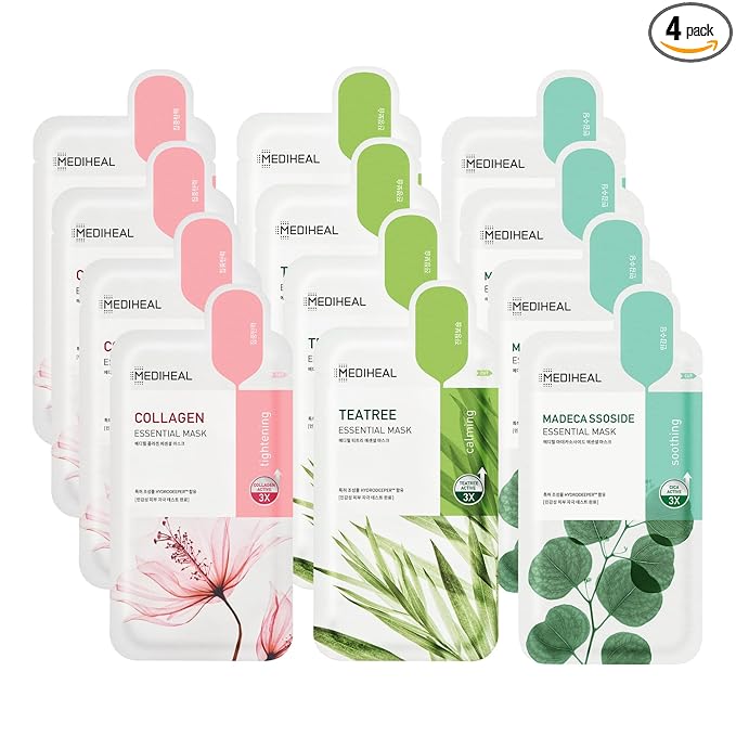 Mediheal Sheet Mask Essential HERO 12 Pack (Collagen, Tea Tree, Madecassoside) | Korean Skincare Facial Sheet Mask Combo, Moisturizing, Soothing and for Blemishes