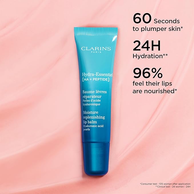 Clarins Hydra-Essentiel Moisture Replenishing Lip Balm | 60 Seconds to Plumper Skin* | 24H Hydration* | Contains Hyaluronic Acid + Plumping Peptides | All Skin Types | 0.5 Ounces
