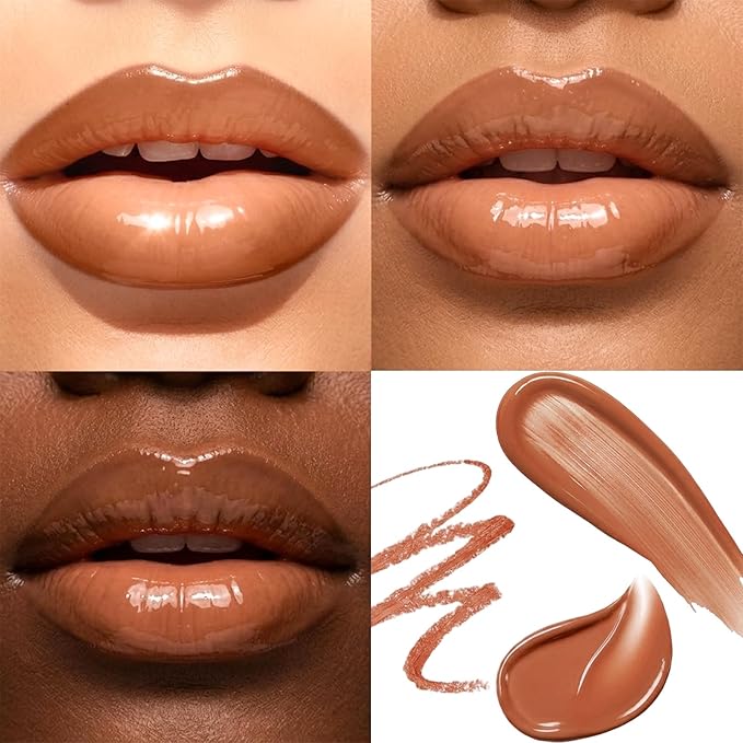 Erinde 3PCS Lip Combo Set, Nude Lip Kits with Lip Liner, Hydrating Balm Lipstick & Plumping Glossy Gloss, Long-Lasting, Lightweight, Non-Sticky, Juicy Lip Contour Trio Set for Women, 02 Caramel Brown