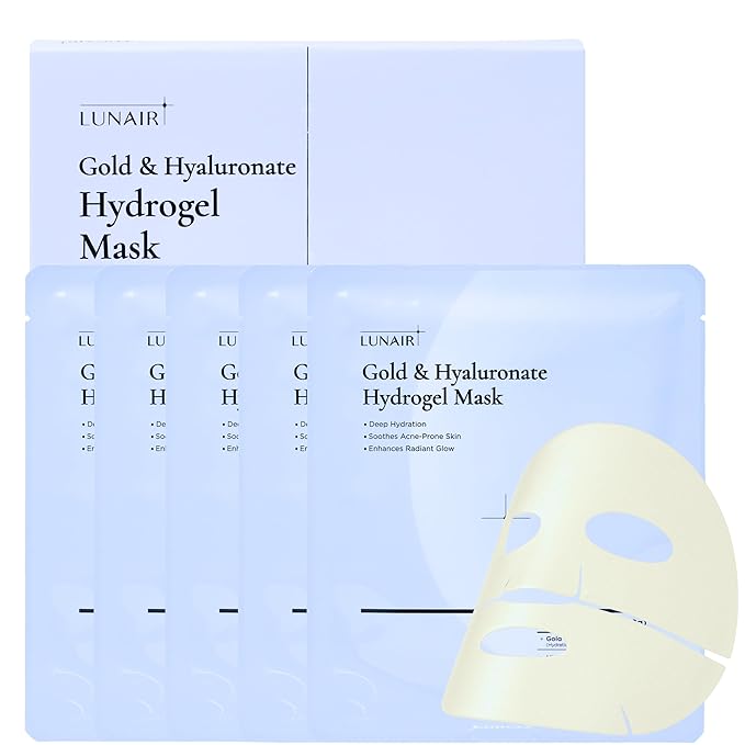 Lunair Gold Collagen & Hyaluronate Hydrogel Face Mask with Microhole Technology – Firming, Hydrating & Glowing Korean Sheet Mask for Radiant Glass Skin | Deep Moisture & Elasticity Boost (5 Sheets)